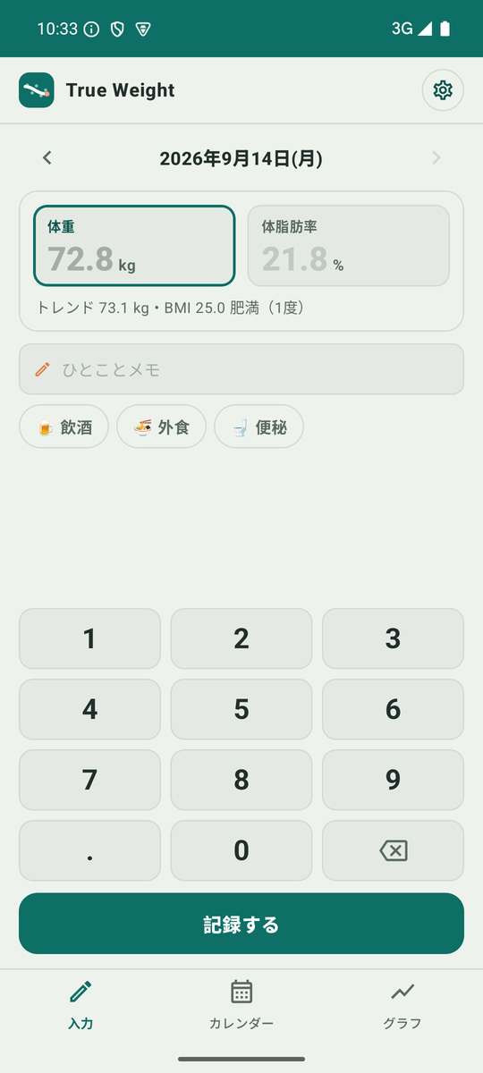 入力画面。今日の日付、同じ大きさの体重と体脂肪率の欄、ひとこと1行のメモ欄、設定で表示にしたメモのタグ、数字と小数点のテンキー、上書きするボタン